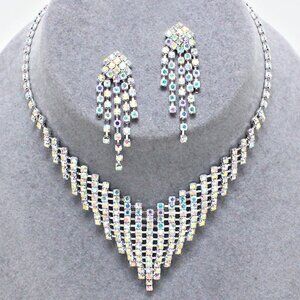 Aurora Borealis Rhinestone Silver Necklace Earrings Prom Bridal Formal